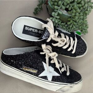 GOLDEN GOOSE SUPER START GLITTER SNEAKERS BACKLESS SLIDES LACE UP LEATHER 37/7